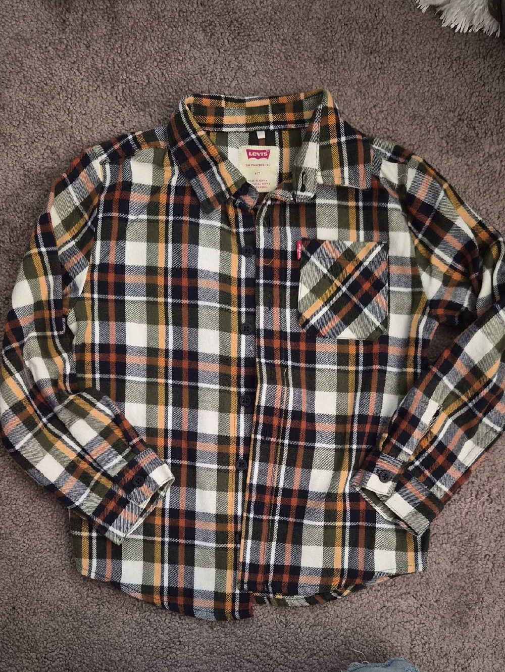 Levi's Olive, Orange & White Plaid Flannel Shirt